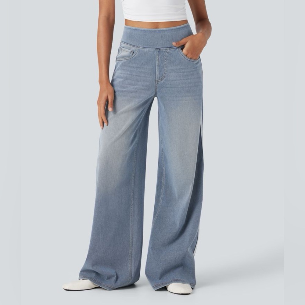 Nwt Halara Flex High Waisted Stripe Wide Leg Flowy Washed Casual Jeans - Picture 5 of 13